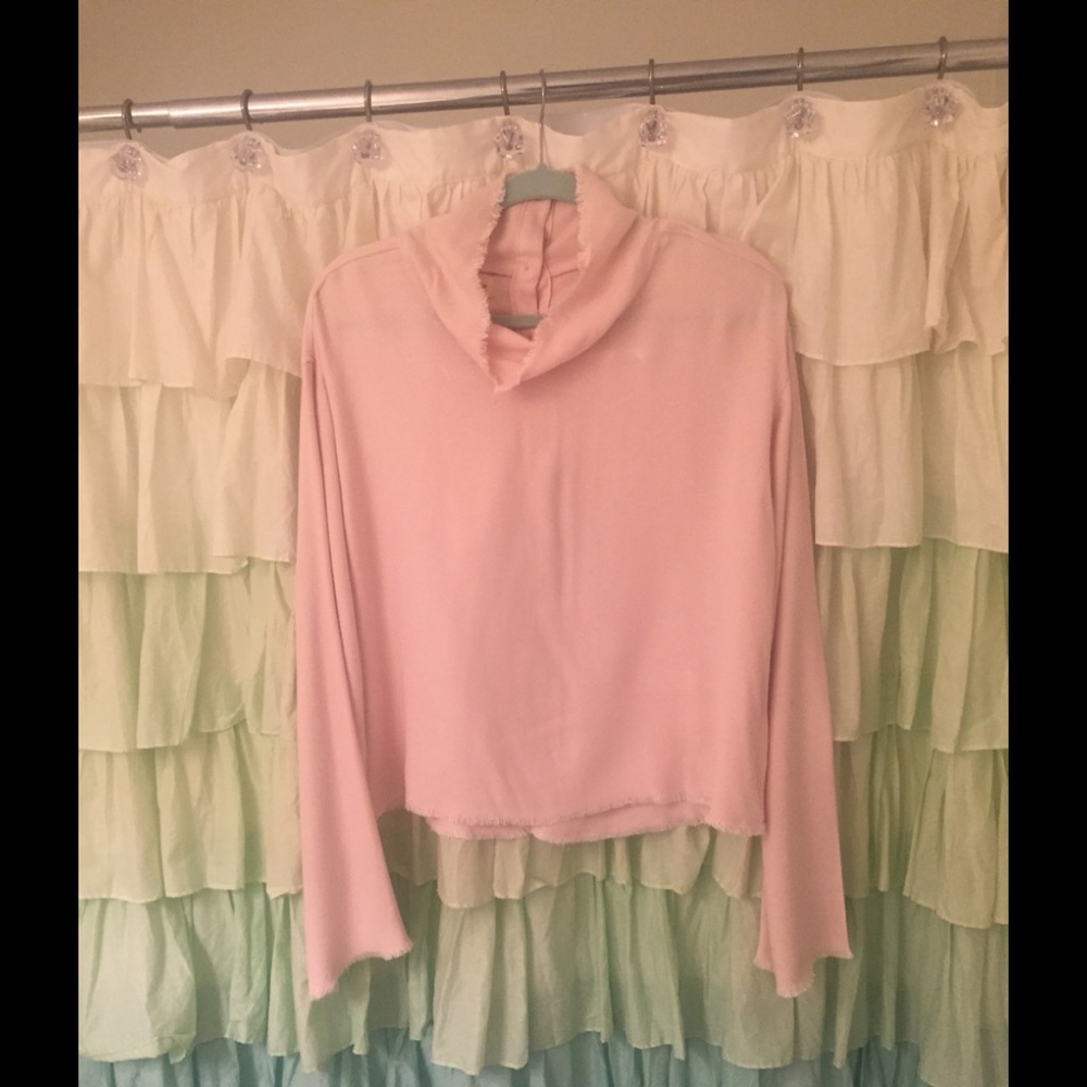 Anthropologie Pale Pink Long-Sleeve Mock Neck Button-Down Top